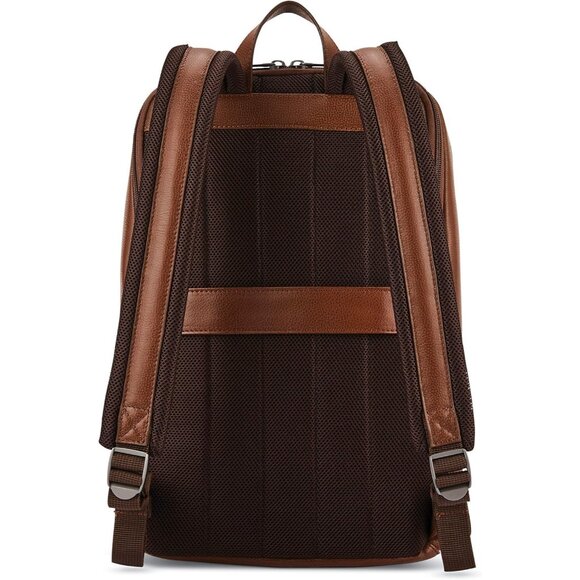 Men's Cognac Classic Leather Slim Imported Zipper Nylon Laptop Pocket Backpack - Picture 3 of 8